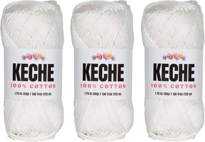 KECHE Cotton Yarn - 100% Cotton Yarn for Crocheting and Knitting, Mercerized Cotton Amigurumi Yarn Fine-Sport 2 1.76 oz (50g) / 136 Yrds (125 m) 3 Skeins - White - Image 1